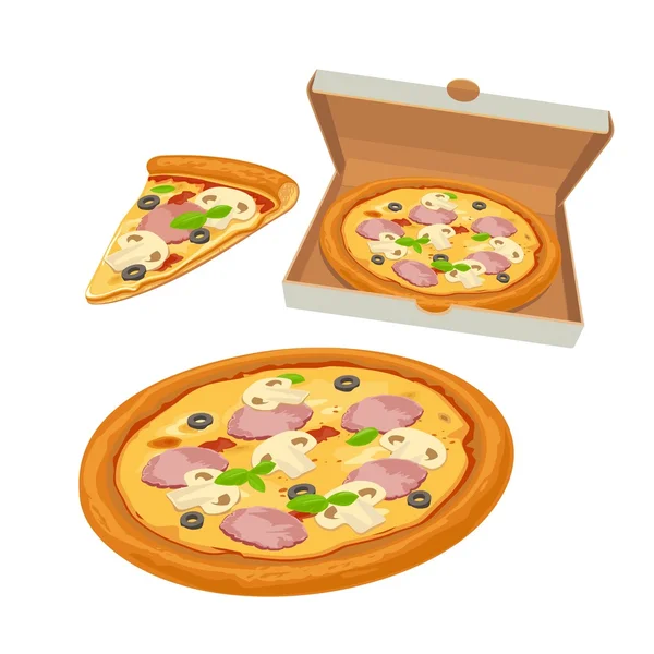 Egész pizza capricciosa nyitott fehér doboz és a szelet. Elszigetelt vektor lapos illusztráció, poszter, menük, emblémát, katalógus, web és ikon — Stock Vector