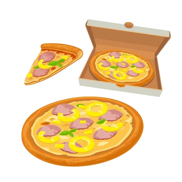 Pizza entera hawaiana en caja blanca abierta y rebanada. Ilustración plana vectorial aislada para póster, menús, logotipo, folleto, web e icono . — Vector de stock