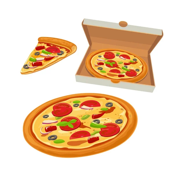 Pizza entera mexicana en caja blanca abierta y rebanada. Ilustración plana vectorial aislada para póster, menús, logotipo, folleto, web e icono . — Vector de stock