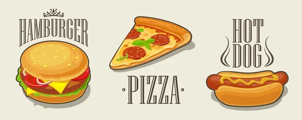 Hamburguesa, pizza, perrito caliente. Prepara comida rápida. Ilustración plana aislada vectorial para póster, menús, folleto, web e icono — Archivo Imágenes Vectoriales