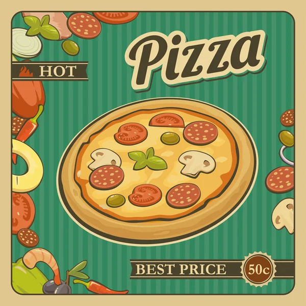 レトロなビンテージ ベクトル ポスター全体ピザと食材。広告のため. — ストックベクタ
