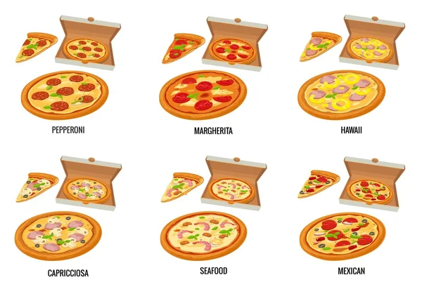 Bütün ve dilim pizza açık beyaz kutusunda ayarlayın. Biberli, Hawaii, Margherita, Meksika, deniz ürünleri, Capricciosa. Poster, menüler, broşür, web ve simge için düz illüstrasyon izole vektör. — Stok Vektör