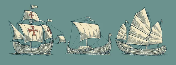 Caravel, drakkar, basura. Establecer veleros flotando en las olas del mar — Vector de stock