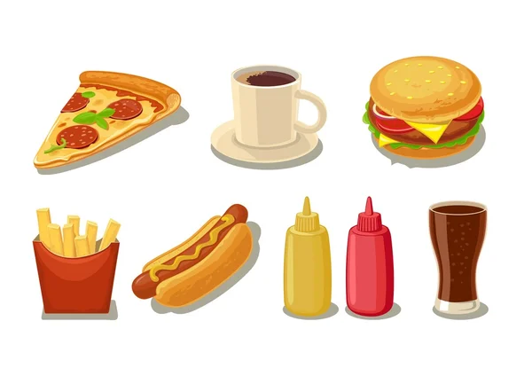 Establecer icono de comida rápida. Vaso de cola, hamburguesa, pizza, perrito caliente, taza de café, patatas fritas en caja de papel rojo, botellas de ketchup y mostaza. Ilustración plana aislada vectorial para menús, web — Vector de stock