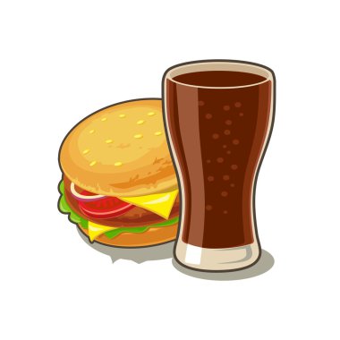 Bardak kola ve Hamburger eti, marul, peynir, domates ile.