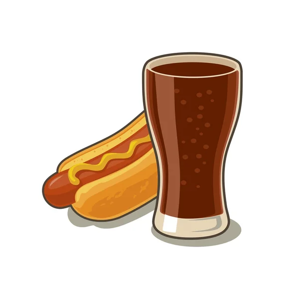 Glas Cola und Hot Dog. isoliert auf weißem Hintergrund mit Schatten. — Stockvektor