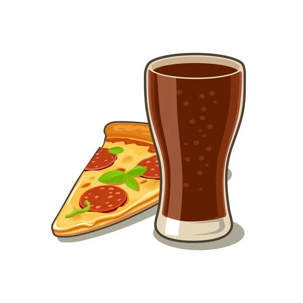Segelas cola dan irisan pizza pepperoni. Terisolasi di latar belakang putih dengan bayangan. Ilustrasi vektor datar untuk poster, menu, web, banner, ikon . - Stok Vektor
