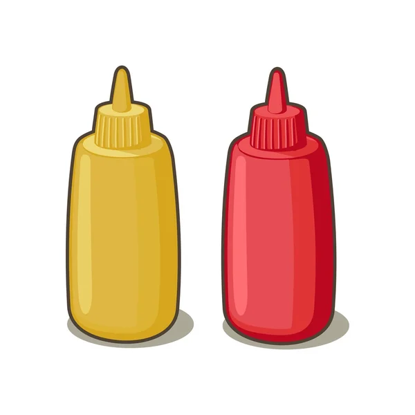 Flessen van ketchup en mosterd geïsoleerd op een witte achtergrond. Platte vectorillustratie — Stockvector
