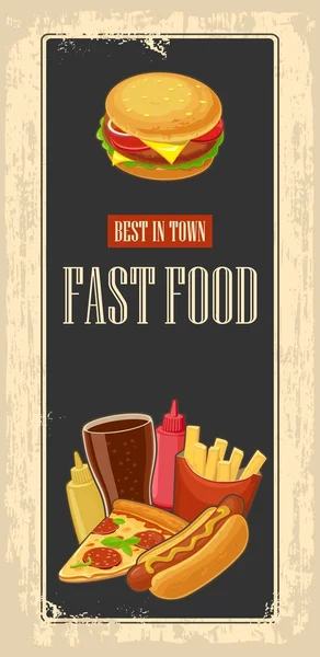 Fast food poster antika arka plan ile. Küme simgesi. Cola, hamburger, pizza, hotdog, bardak kırmızı kağıt kutusu, şişe ketçap ve hardal patates kızartması. Vektör düz çizim. — Stok Vektör