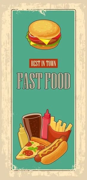 Fast food poster antika arka plan ile. Küme simgesi. Cola, hamburger, pizza, hotdog, bardak kırmızı kağıt kutusu, şişe ketçap ve hardal patates kızartması. Vektör düz çizim — Stok Vektör