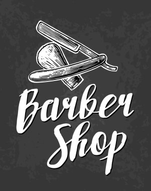 Berber Dükkanı. Vektör siyah beyaz çizimler ve tipografi öğeleri. Poster, etiket, banner, web, logo için çizilmiş vintage oyma el