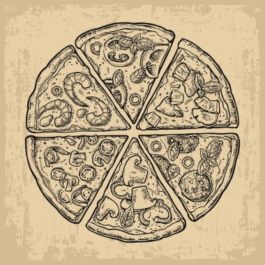 Dilim pizza Pepperoni, ayarla Hawaii, Margherita, Meksika, deniz ürünleri, Capricciosa. Vintage vektör resmi posteri, menü, kutusu için oyma.