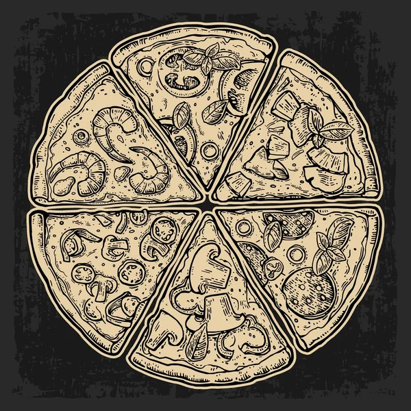 Set slice pizza Pepperoni, Hawaiian, Margherita, Mexican, Seafood, Capricciosa. Vintage vector engraving illustration for poster, menu, box. — Stock Vector