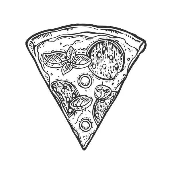 Cortar pizza pepperoni. Ilustración de grabado vectorial vintage para póster, menú, caja . — Archivo Imágenes Vectoriales