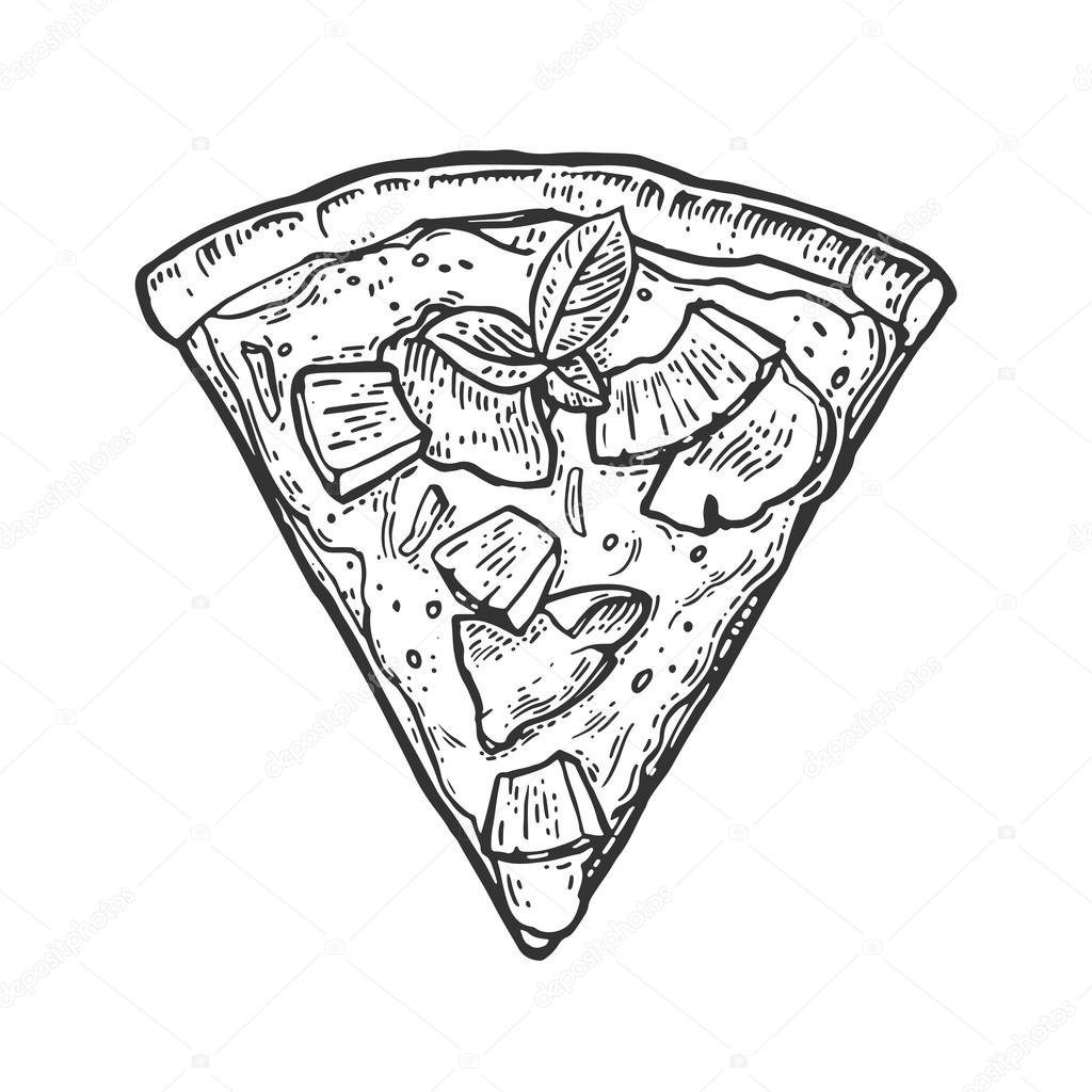 Slice pizza hawaiian. Vintage vector drawn engraving illustration for poster, menu, box. Isolated on white background