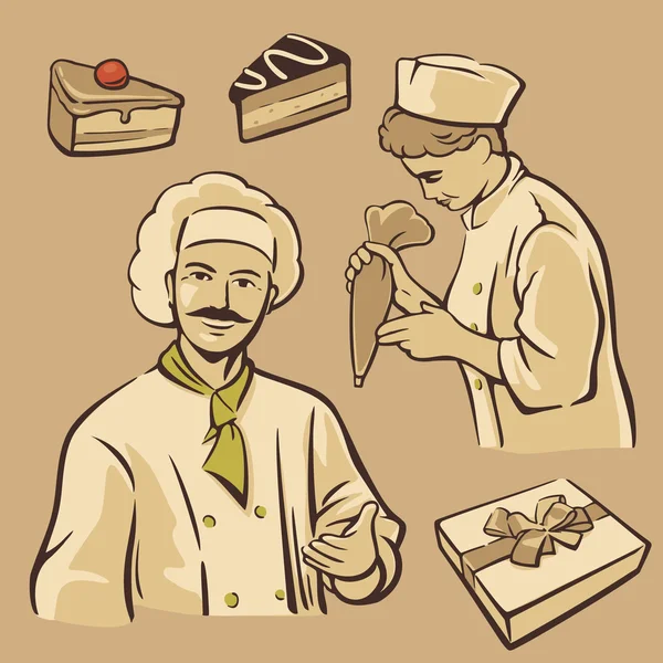 Cozinhe e pedaço de bolo. Definir símbolos vetor vintage e ícone —  Vetores de Stock