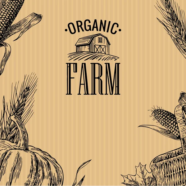 Fazenda orgânica com folhas, abóbora, espiga de milho, trigo no fundo marrom. Vintage vetor gravura ilustração para logotipo, rótulo, cartaz, apresentações —  Vetores de Stock