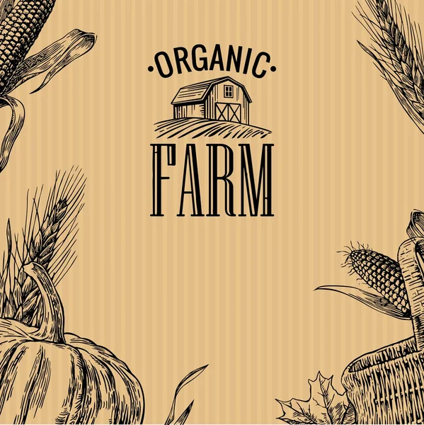 Ferme biologique avec feuilles, citrouille, épi de maïs, épi de blé sur fond brun. Illustration de gravure vectorielle vintage pour logotype, étiquette, affiche, présentations — Image vectorielle