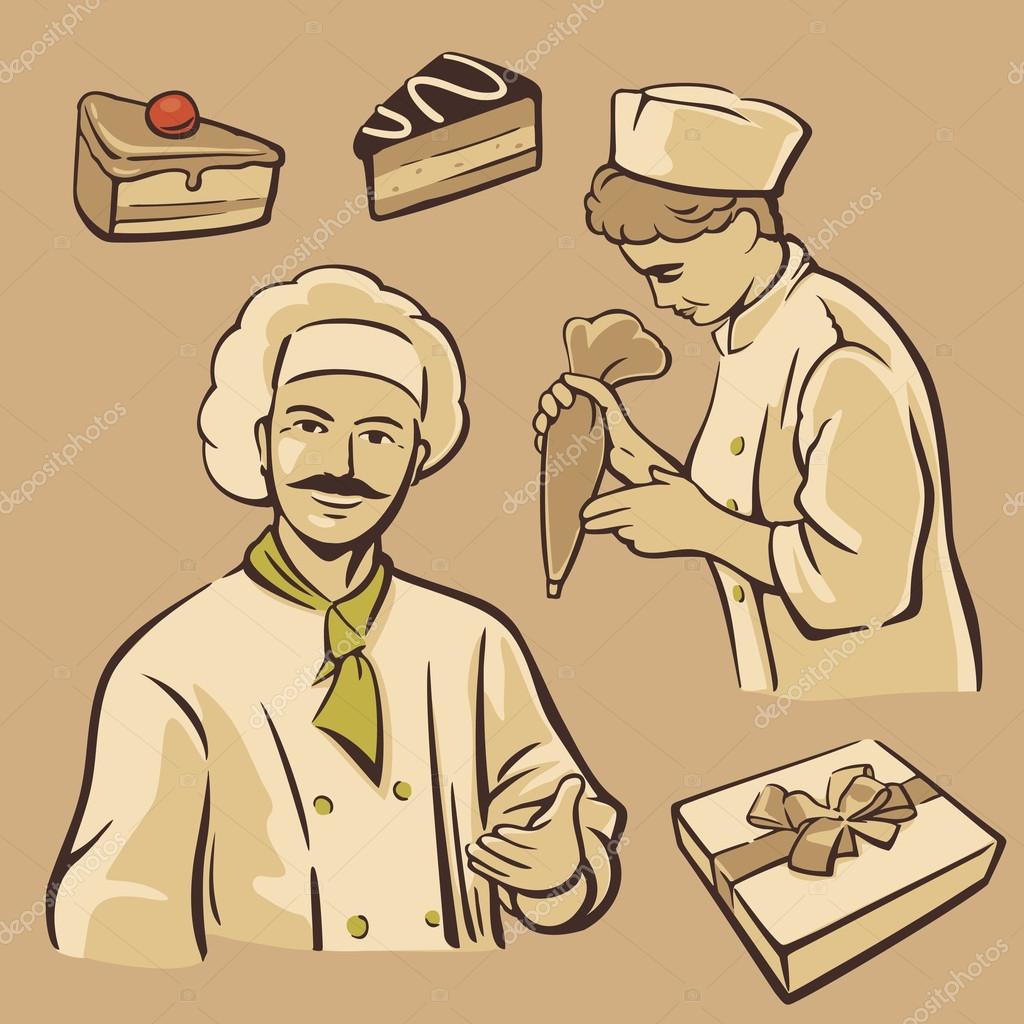 Cook and piece of Cake. Set vintage vector symbols and icon.