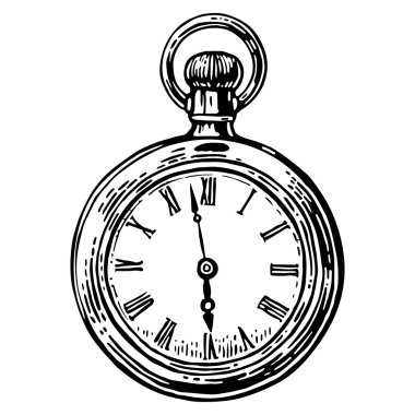 Antika cep saati. Vektör vintage oyulmuş çizim. Beyaz arka planda siyah.