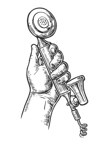 Telefone clássico retro na mão masculina. Isolado em fundo branco. Vintage vetor desenhado gravura ilustração — Vetor de Stock
