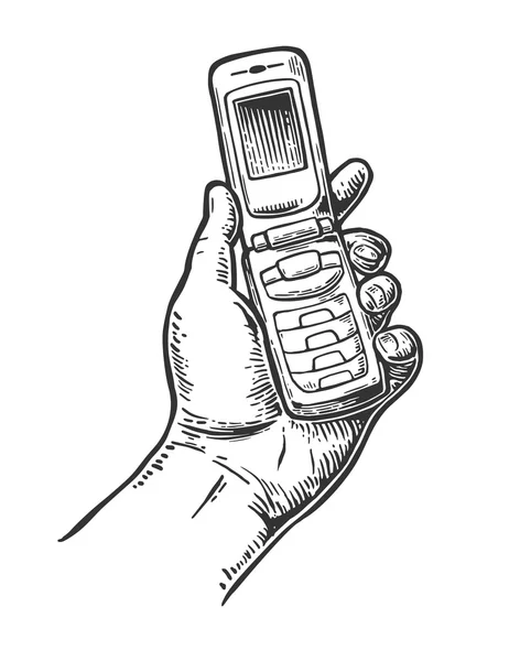 Flip Phone tenere mano maschile. Vintage vettore disegnato incisione illustrazione — Vettoriale Stock