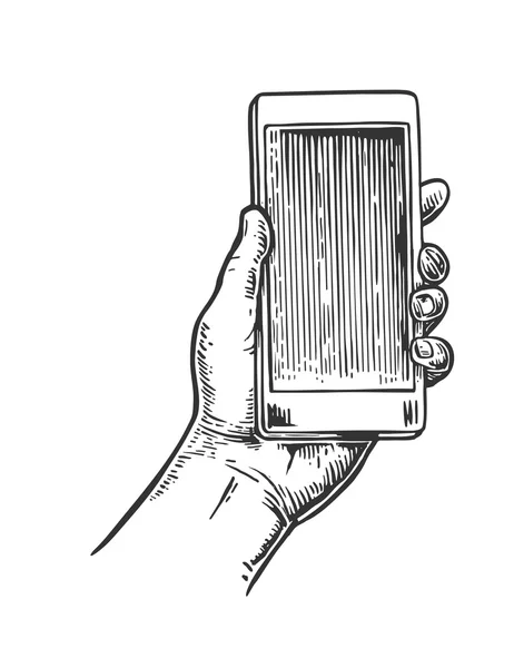 Smartphone hålla manliga hand. Vintage ritade vektor gravyr illustration för information grafik, affisch, webb. — Stock vektor