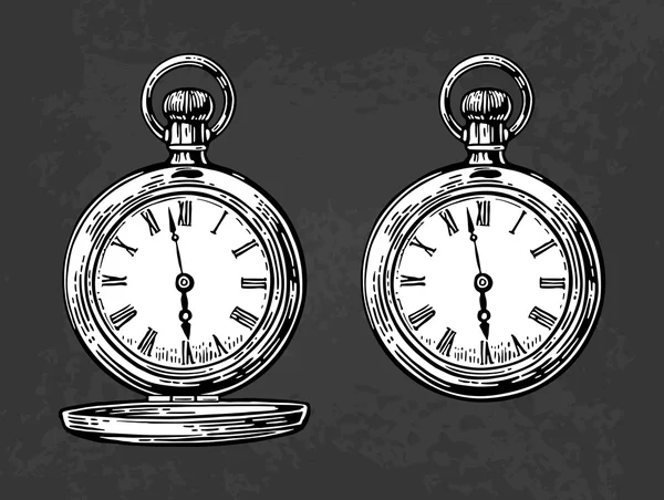 Reloj de bolsillo antiguo. Ilustración grabada vectorial vintage. Aislado sobre fondo oscuro . — Archivo Imágenes Vectoriales