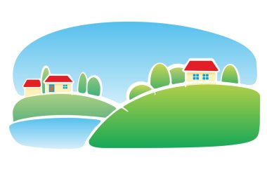 Ağaçlı çayır. Yaz düz manzara. Düz vektör karikatür arka plan