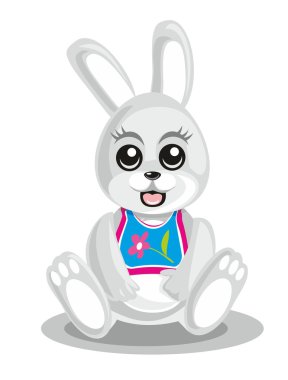 Mutlu beyaz Paskalya tavşanı oturuyor. Tebrik kartı, web, simge vektör düz çizim.