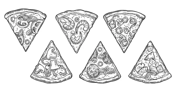 Nastavit řez pizza feferonky, havajské, Margherita, mexické, mořské plody, Capricciosa. Vintage vektor gravírování ilustrace na plakátu, menu, box. — Stockový vektor