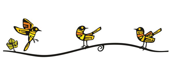 Золотой Ориоль сидел в различных позах, сидя на ветке. Векторная плоская иллюстрация
