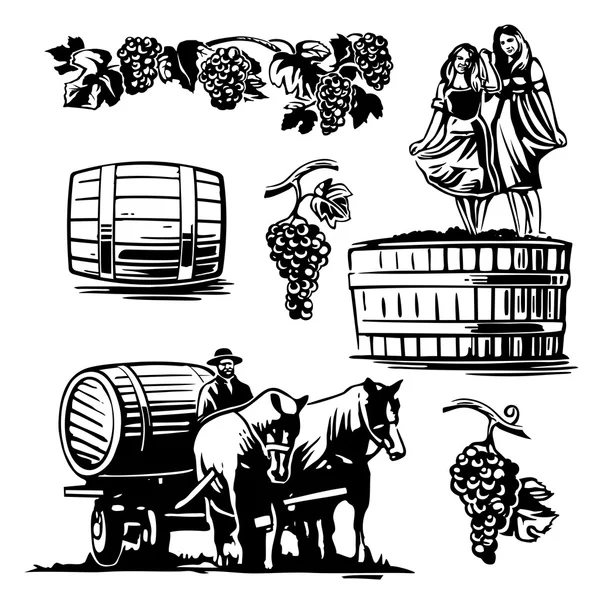 Femmes dansant dans un tonneau avec des raisins et chariot sur la charrette avec un vin à cheval. Illustration vectorielle vintage noir et blanc pour étiquette, affiche, web — Image vectorielle