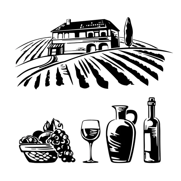 Paisaje rural con villa, campos de viñedos y colinas. Cesta con uvas, una botella de vino, una copa y una jarra de vino. Ilustración de vector vintage en blanco y negro para etiqueta de vino, póster, web, icono — Vector de stock