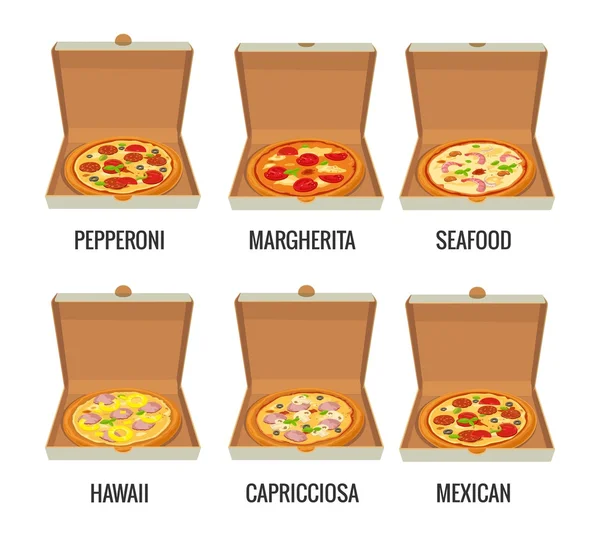 Coloque pizza inteira na caixa branca aberta. Pepperoni, havaianos, Margherita, mexicanos, frutos do mar, Capricciosa. Vetor isolado ilustração plana para cartaz, menus, brochura, web e ícone . — Vetor de Stock