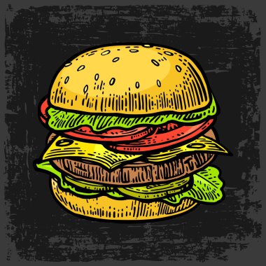Burger dahil pirzola, domates, salatalık, siyah arka plan üzerine izole salata. Gösterim amacıyla poster oyma vektör vintage