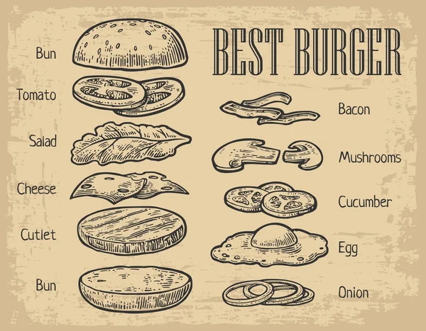 Ingredientes de hambúrguer no quadro. Componentes pintados isolados — Vetor de Stock