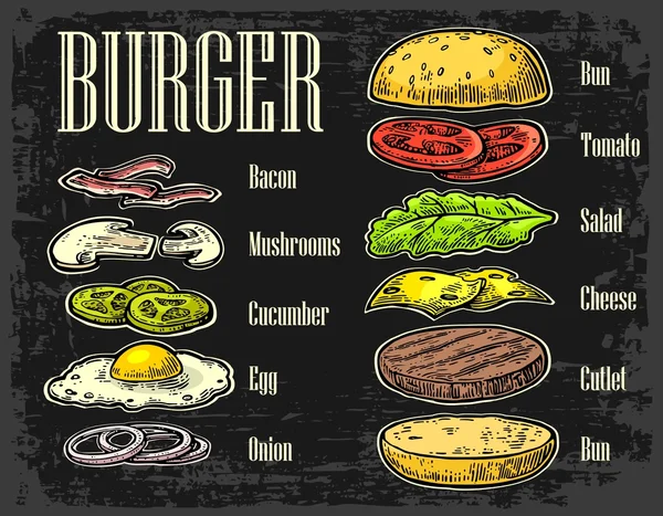 Ingredientes de hamburguesa en pizarra . — Vector de stock