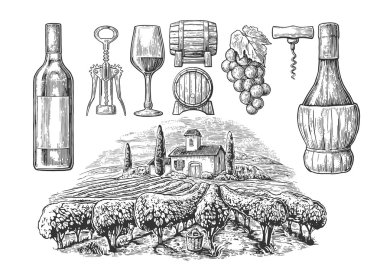 Şarap ayarlayın. Şişe, cam, tirbuşon, varil, üzüm bağı. Beyaz arka plan üzerinde izole siyah vintage oyulmuş vektör çizim. Etiket poster için web