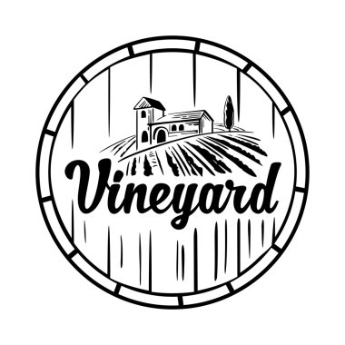 Villa, bağ, ahşap varil, alanlar ve tepeler ile kırsal manzara. Etiket, poster, logo türü, simge için siyah beyaz vintage vektör illüstrasyon.