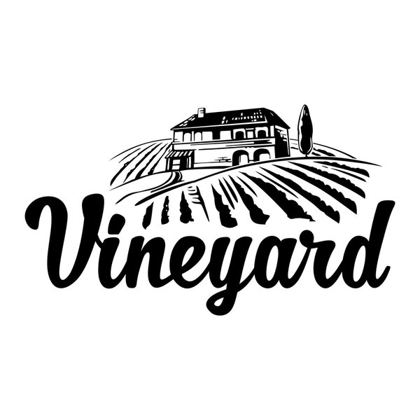 Сельский пейзаж с виллой, виноградниками и холмами. Черно-белая винтажная векторная иллюстрация для этикетки, плаката, логотипа, значка
.
