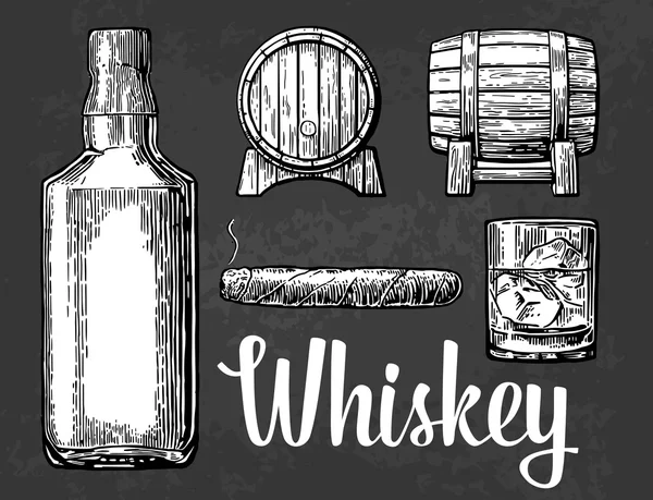 Vidrio de whisky con cubos de hielo, barril, botella, cigarro . — Vector de stock