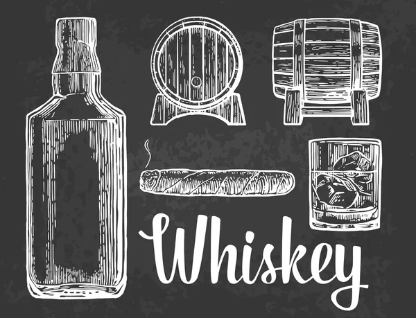 Szkło whisky z kostek lodu, beczki, butelka, cygara. — Wektor stockowy