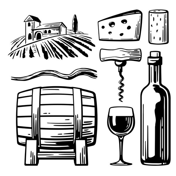 Rural landscape with villa, vineyard fields and hills. Bottle, glass, corkscrew, vine, cork, barrel, cheese. Black and white vintage vector illustration for label, poster, web, icon