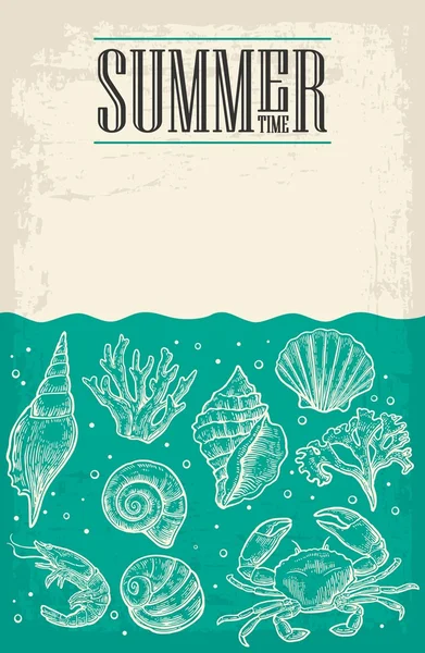 Concept d'affiche d'été avec coquille de mer, corail, crabe et crevettes papier vide pour message . — Image vectorielle