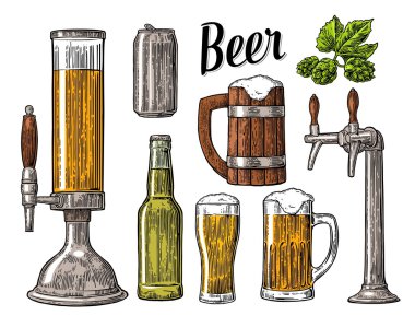 Beer class, can, bottle, barrel. Vintage vector engraving illustration for web, poster, invitation to beer party. Hand drawn design element isolated on white background clipart