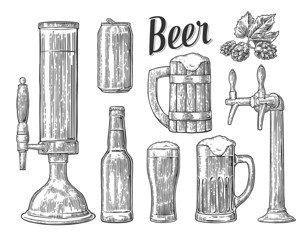 Bierklasse, Dose, Flasche, Fass. Vintage Vektor Gravur Illustration für Web, Poster, Einladung zur Bierparty. Handgezeichnetes Gestaltungselement isoliert auf weißem Hintergrund — Stockvektor
