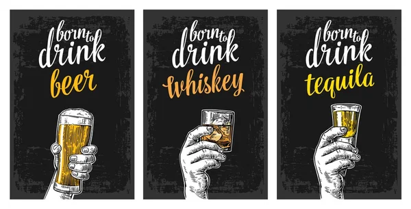 Férfi kezében egy szemüveg, a sör, a tequila, a whisky és a jégkocka. — Stock Vector