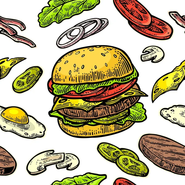 Безшовний бургер з візерунком включає котлета, помідор, огірок та салат . — стоковий вектор
