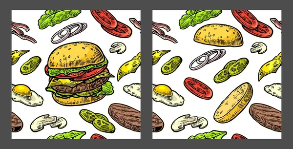 Seamless pattern burger and ingredients include cutlet, tomato, cucumber and salad — Stock Vector